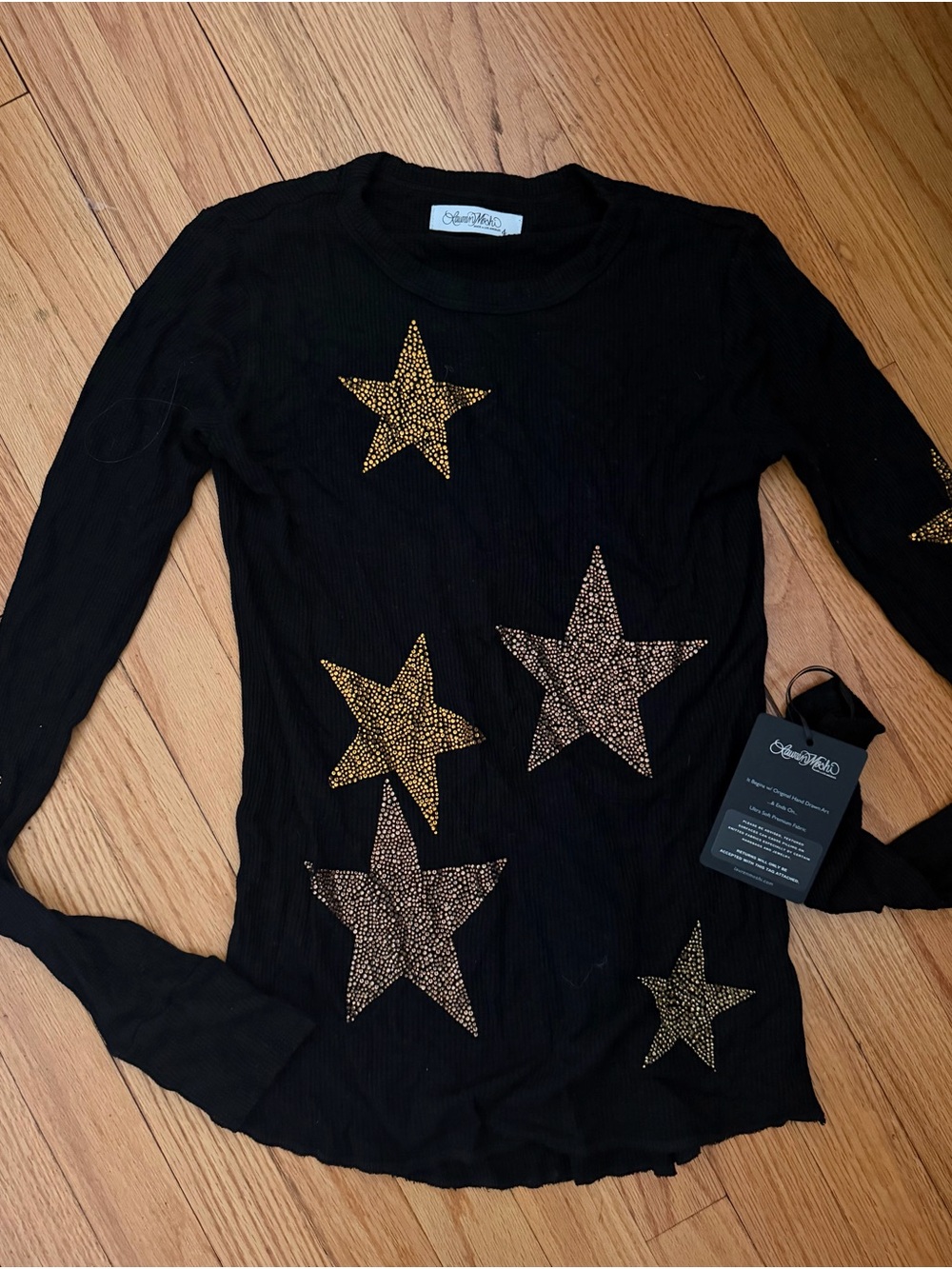 Lauren Moshi Black Long Sleeve Tee with Gold Star Studs